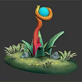 Cartoon Scene With Colorful Plant Red Orange Stem Blue Sphere Green Leaves And Stones