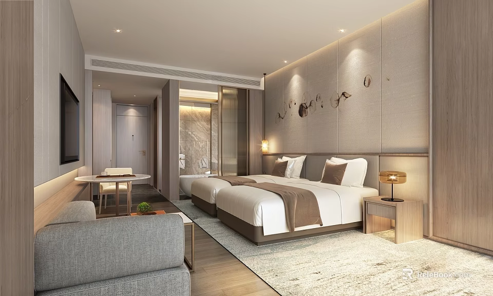 Modern Hotel Room Interior With Double Bed Sofa TV And Decorative Wall Art 3d model 