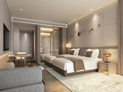 Modern Hotel Room Interior With Double Bed Sofa TV And Decorative Wall Art 3d model