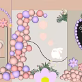 Floral Display with Pink Purple Balloons Flower Decorations Welcome Sign and Rabbit Figure