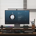 Modern Workspace Desk With Computer Monitor Office Supplies And Blinds Background