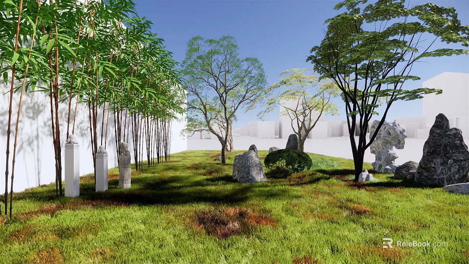 Bamboo Grove in Natural Garden Landscape with Green Grass Rocks and Trees 3d model 