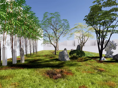 Bamboo Grove in Natural Garden Landscape with Green Grass Rocks and Trees 3d model