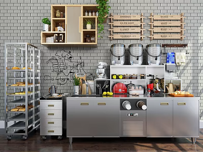 Stainless Steel Functional Table With Wooden Shelves Green Plant Baking Rack Coffee Machines And Drawers 3d model
