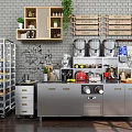 Stainless Steel Functional Table With Wooden Shelves Green Plant Baking Rack Coffee Machines And Drawers