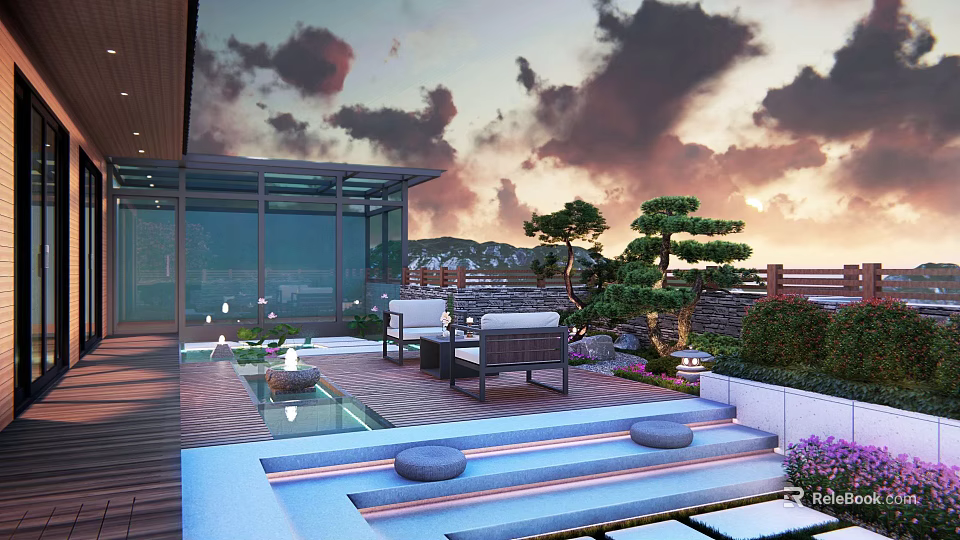 Rooftop Garden with Sunset View Outdoor Furniture Pine Trees Wooden Deck and Water Features 3d model 