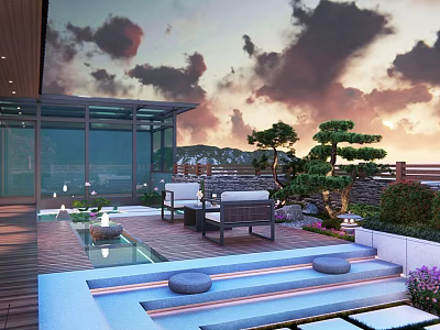 Rooftop Garden with Sunset View Outdoor Furniture Pine Trees Wooden Deck and Water Features 3d model