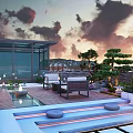 Rooftop Garden with Sunset View Outdoor Furniture Pine Trees Wooden Deck and Water Features