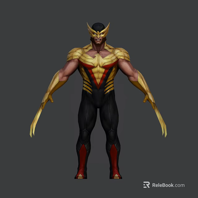 Game And Movie Character In Gold Red Armor With Clawed Hands And Black Suit 3d model 