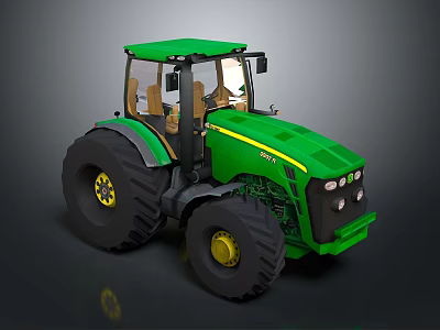 Green Farm Tractor With Enclosed Cab Large Black Tires And Yellow Rimmed Wheels 3d model