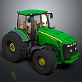Green Farm Tractor With Enclosed Cab Large Black Tires And Yellow Rimmed Wheels