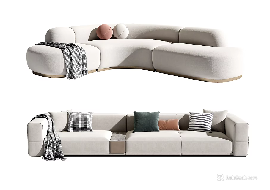 Modern Beige Sectional Sofa With Modular Design Colorful Pillows And Throw Blanket 3d model 