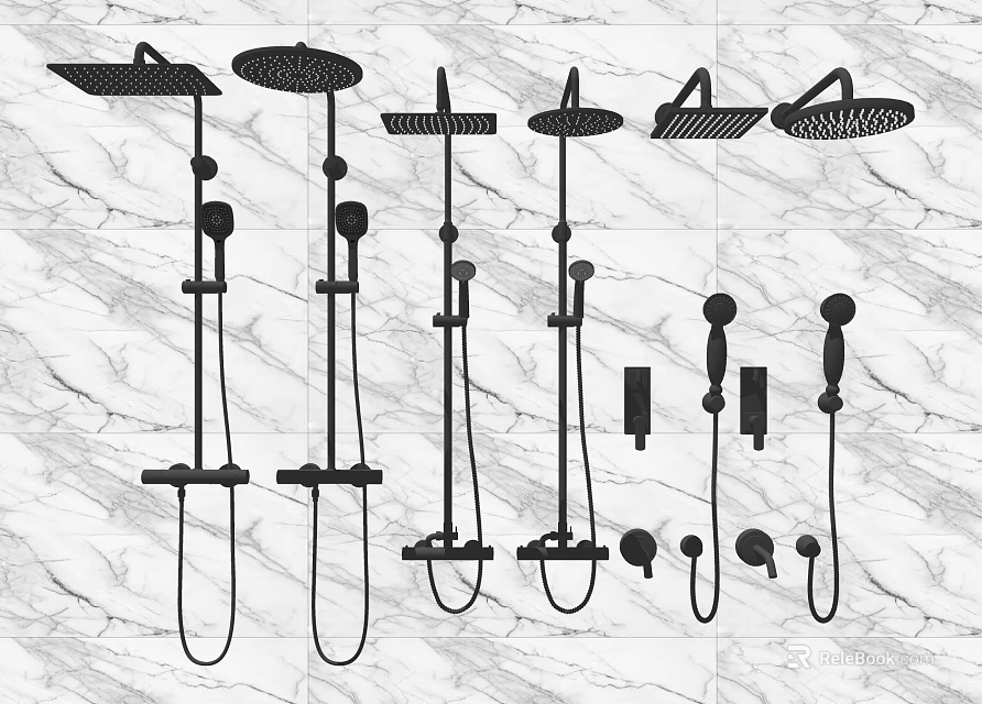 Modern Black Shower Systems With Rainfall Handheld Heads Hoses And Brackets 3d model
