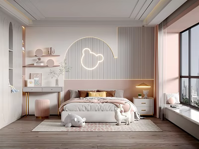Kids Room Interior With Bed Arched Neon Light Stuffed Toys On Rug And Wooden Floor 3d model