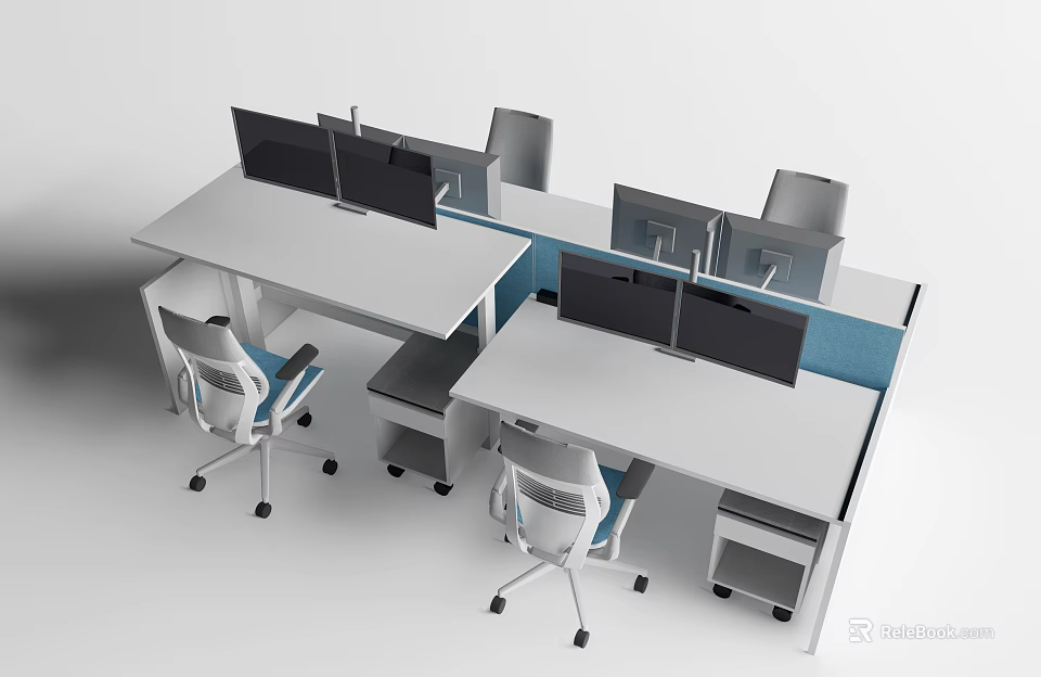 Modern White Modular Office Desk Setup With Computer Monitors Blue Dividers And Ergonomic Chairs 3d model 