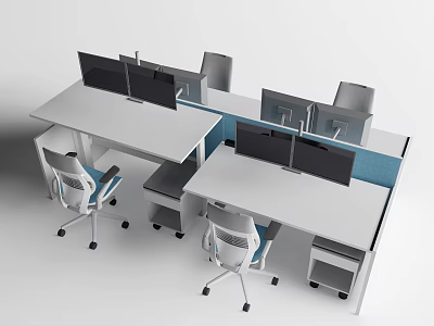 Modern White Modular Office Desk Setup With Computer Monitors Blue Dividers And Ergonomic Chairs 3d model