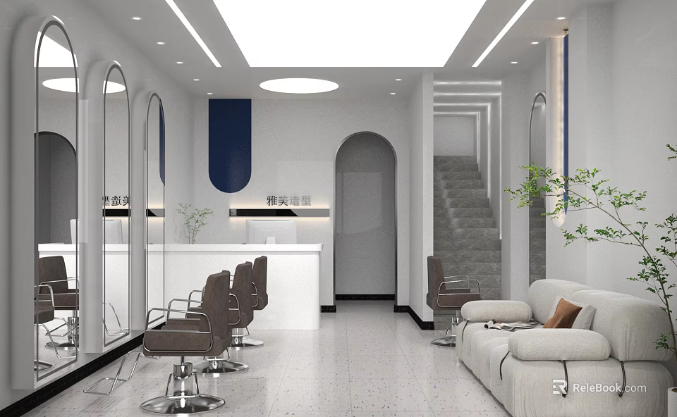 Modern Beauty Salon Interior With Styling Chairs Mirrors Reception Desk And Comfortable Seating 3d model 