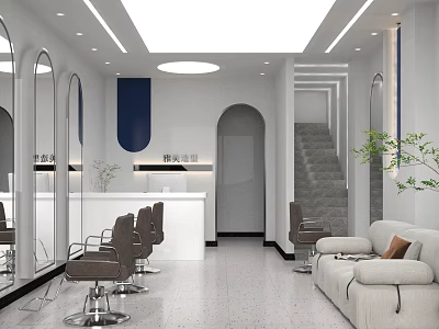 Modern Beauty Salon Interior With Styling Chairs Mirrors Reception Desk And Comfortable Seating 3d model