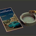 Vintage Havana Poster Featuring Blue Car Design With Ashtray And Cigar