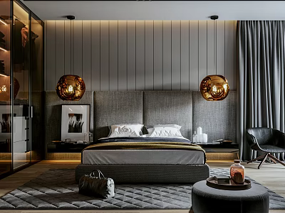 Modern Bedroom Interior With Upholstered Headboard Gold Pendant Lights Gray Curtains And Accent Chair 3d model