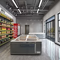 Supermarket Grocery Interior With Fresh Fruits Vegetables Shelves And Checkout Counter