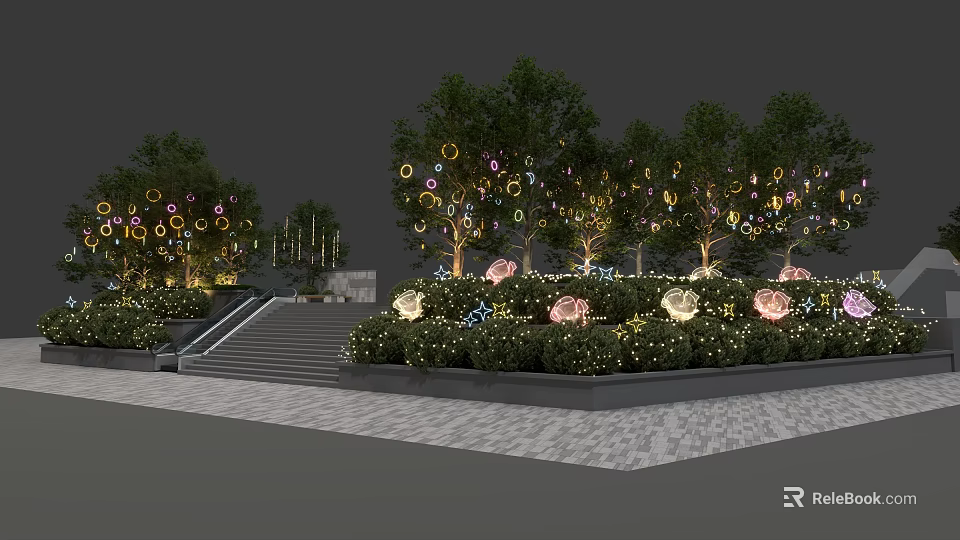 Illuminated Commercial Landscape with Decorative Light Rings Trees Steps and Flowers 3d model 