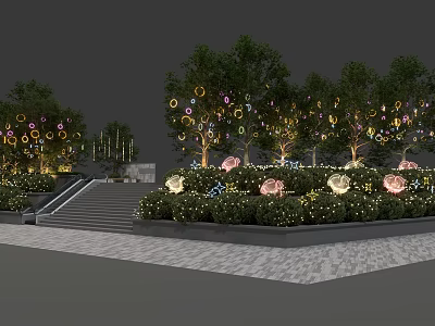 Illuminated Commercial Landscape with Decorative Light Rings Trees Steps and Flowers 3d model