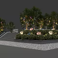Illuminated Commercial Landscape with Decorative Light Rings Trees Steps and Flowers