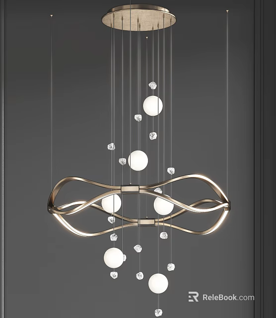 Modern Twisted Metal Frame Chandelier With Circular Lights And Crystal Accents 3d model 