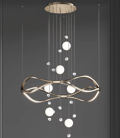 Modern Twisted Metal Frame Chandelier With Circular Lights And Crystal Accents 3d model
