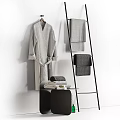 Bathroom Cabinet Rack Featuring Hanging Bathrobe Stacked Towels And Black Storage Stand