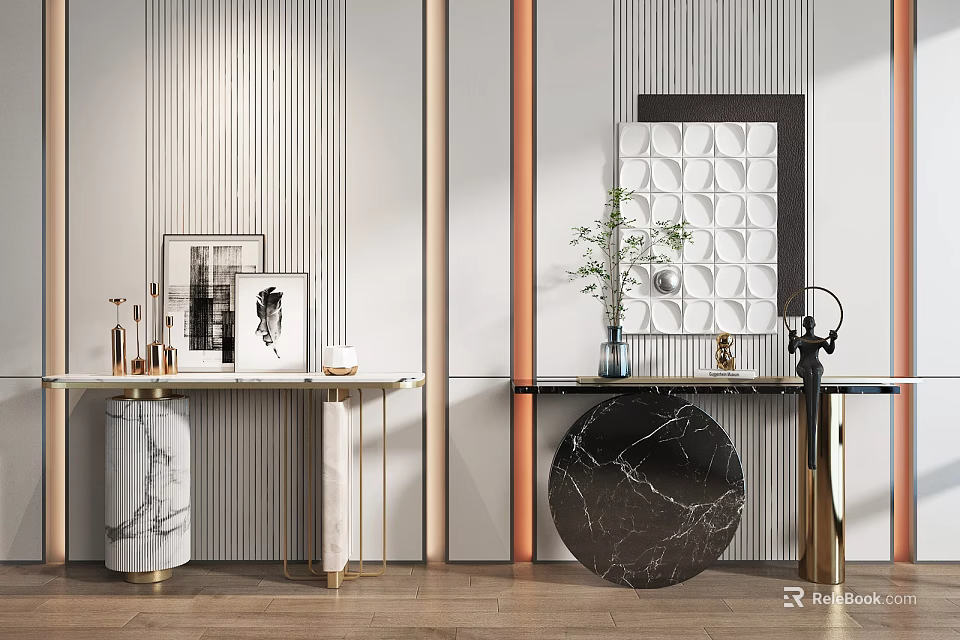 Modern Console Table With Marble Top Decorative Paintings Green Plants And Striped Wall Paneling 3d model 