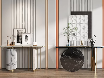 Modern Console Table With Marble Top Decorative Paintings Green Plants And Striped Wall Paneling 3d model