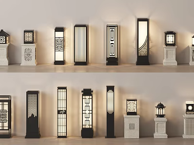 Various Traditional Modern Outdoor Lights With Pillar Lanterns And Decorative Patterns For Garden Pathway 3d model