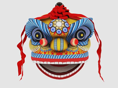 Traditional Chinese Lion Dance Mask Hanging Pendant With Colorful Patterns Red Tassels And Decorative Knot 3d model