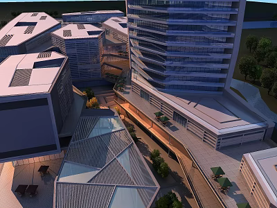 Modern High Rise Residential Building Complex With Glass Curtain Wall And Landscaping 3d model