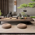 Japanese Tea Room Interior With Tatami Low Table Bamboo Blinds And Potted Plants