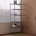 Sturdy Metal Shelving Unit with Multiple Tiers Beside Wooden Cabinets Near Window Blinds