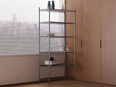 Sturdy Metal Shelving Unit with Multiple Tiers Beside Wooden Cabinets Near Window Blinds 3d model