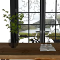 Inflatable Decorative Model Display on Wooden Table by Window with Plant Vase and Mountain Lake View