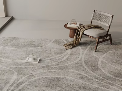 Square Area Rug With Gray White Wave Pattern And Wooden Chair In Modern Room 3d model