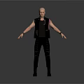 Bald Man In Black Vest With Studded Pants And Boots Arms Outstretched Gray Background