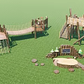 Outdoor Wooden Playground Equipment With Slide Rope Bridge And Climbing Frame On Grass