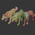 Three Light Colored Wolf Sculptures in Standing Pose with Reflections on Dark Background 3d model