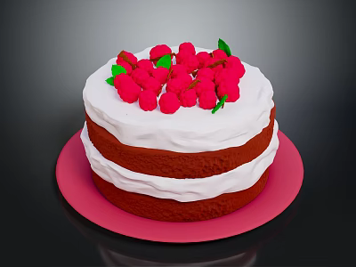 Delicious Two Layer Red Velvet Cake With White Frosting And Fresh Raspberries On Pink Plate 3d model