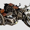 Vintage Motorcycle With Sidecar Brown Seat Classic Headlight And Metallic Body Design