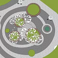 White Metal Flower Shaped Pergola Structures With Circular Bases And Green Lawns