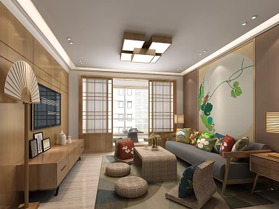 Modern Living Room Interior With Wooden Decor Large Windows Colorful Cushions And Green Painting 3d model