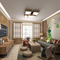 Modern Living Room Interior With Wooden Decor Large Windows Colorful Cushions And Green Painting