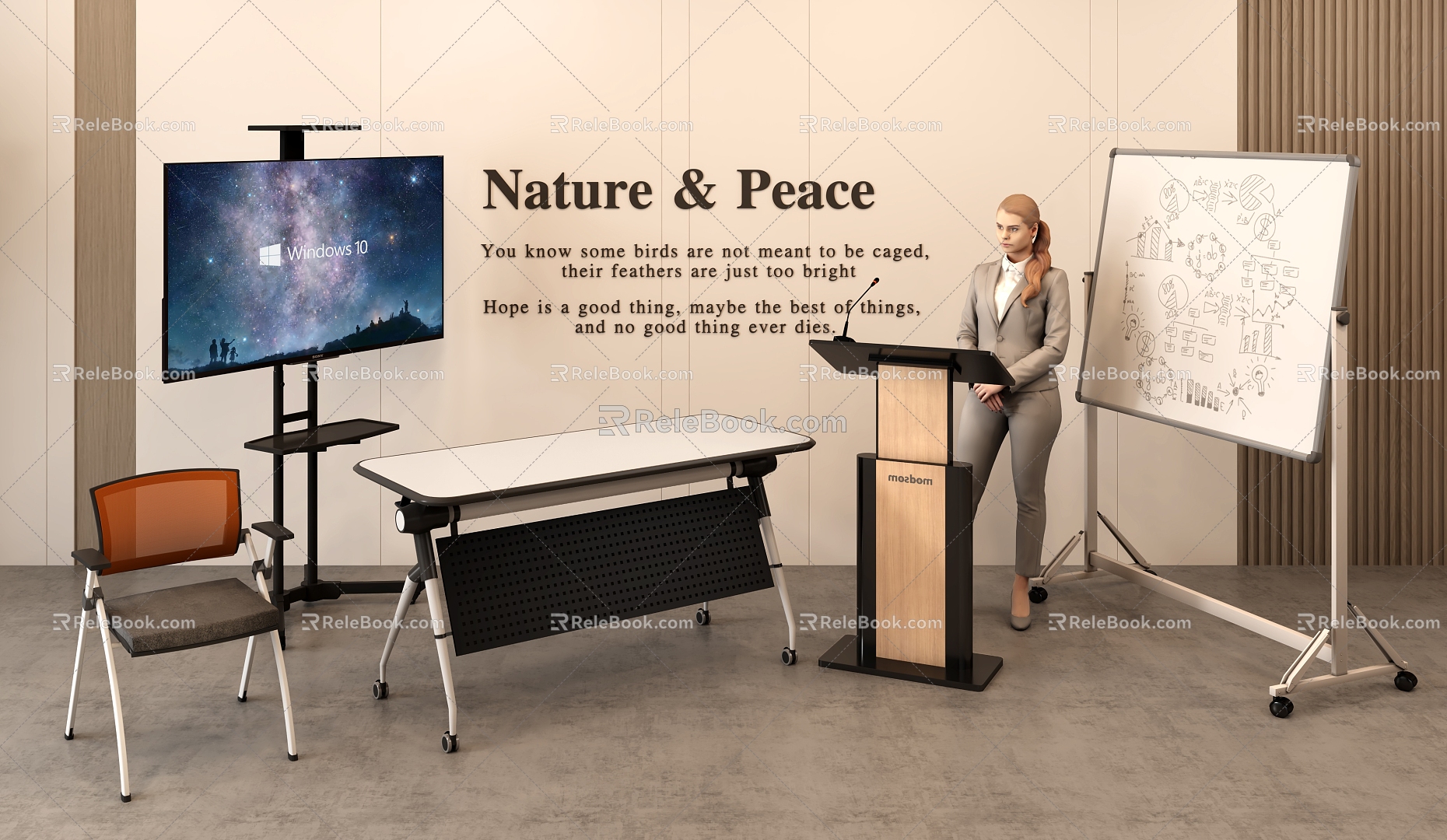 Training Table and Chair Lecture Desk Office Whiteboard Mobile Display model